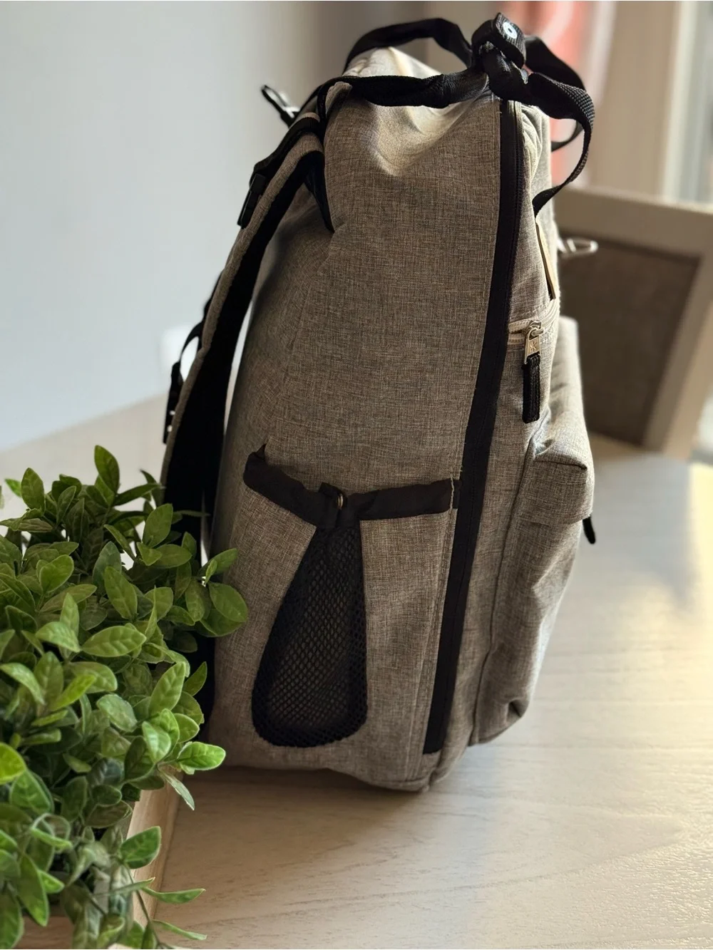 Skip Hop Light Gray Diaper Bag with Black Accents and Tan Trim
